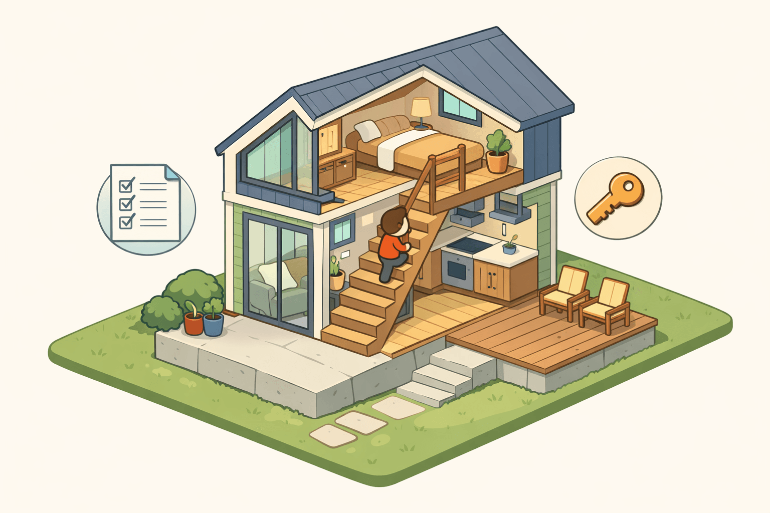 A small tiny home with a loft bedroom sitting on a permanent foundation, shown in a quiet residential neighborhood setting.