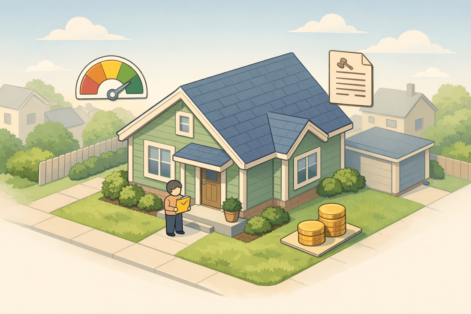 A small house with a figure holding documents near the door, surrounded by credit and income icons in a residential neighborhood