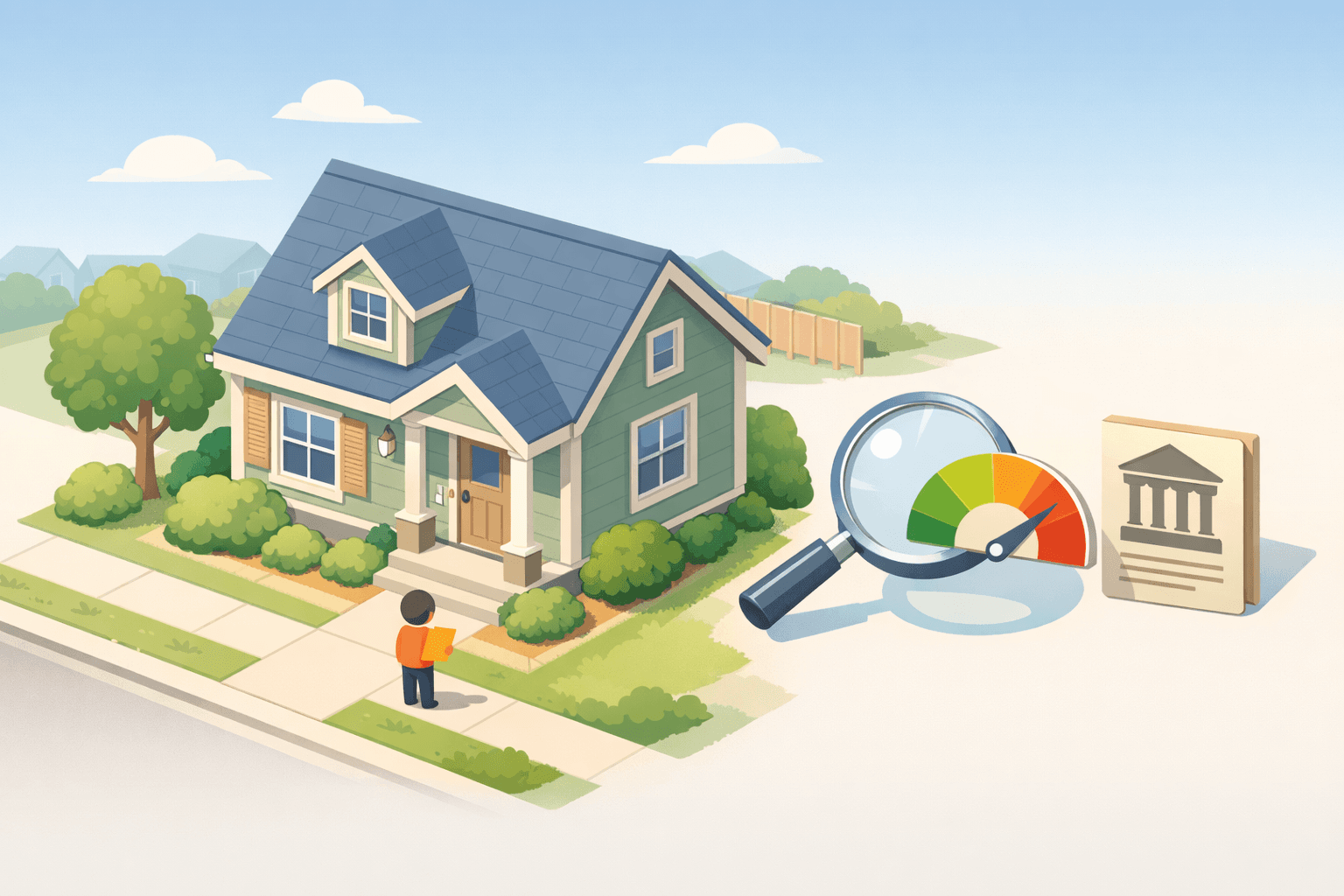 A stylized isometric home with a figure holding documents and floating icons representing credit scores and legal paperwork nearby.
