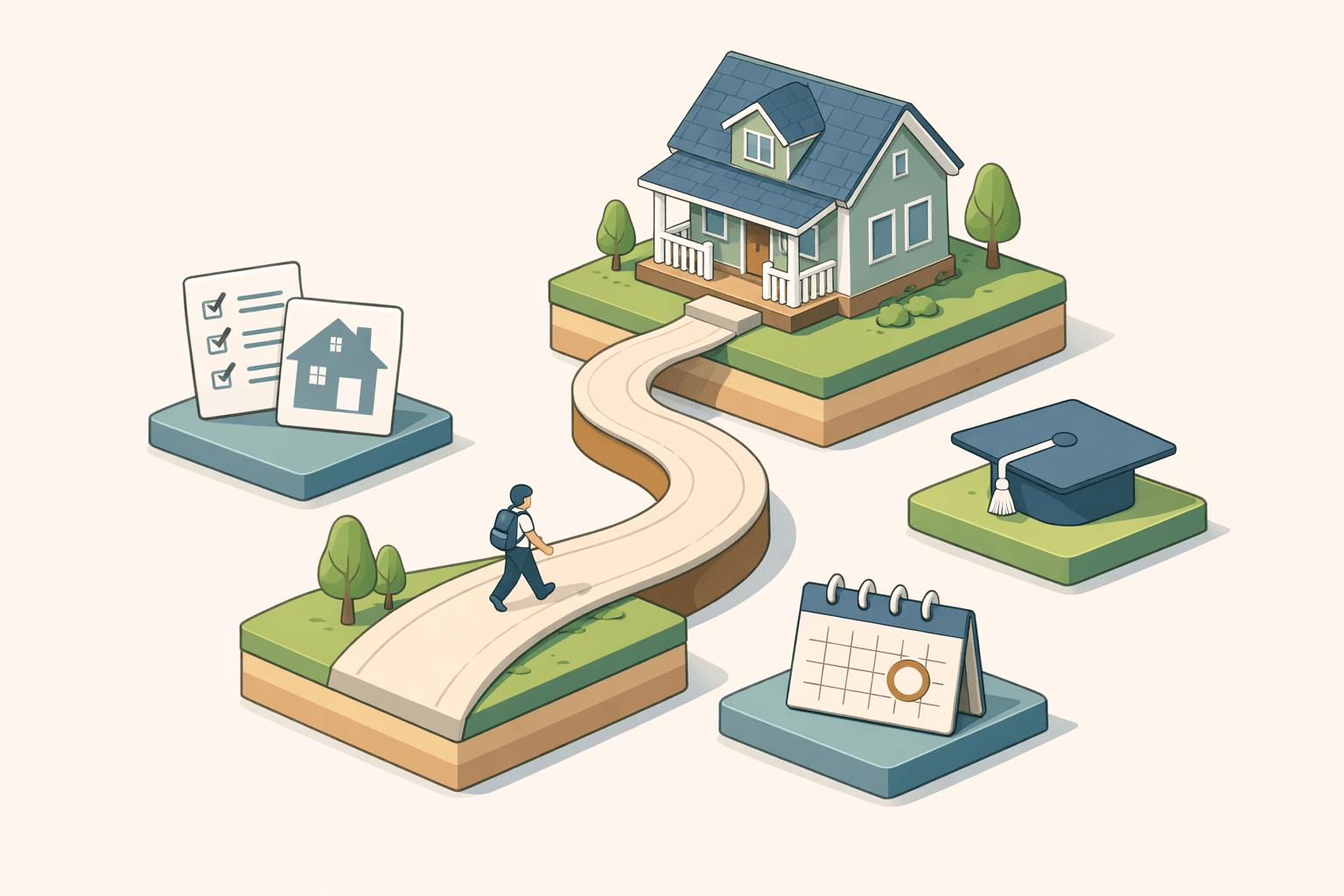 A person walking a path toward a house with document and graduation cap icons floating nearby, representing FHA loan recovery after foreclosure and student debt