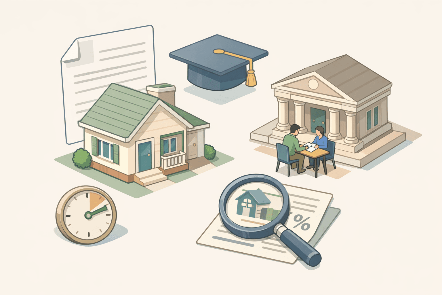 Two people reviewing FHA loan documents at a desk near a house, with student loan and bankruptcy paperwork visible