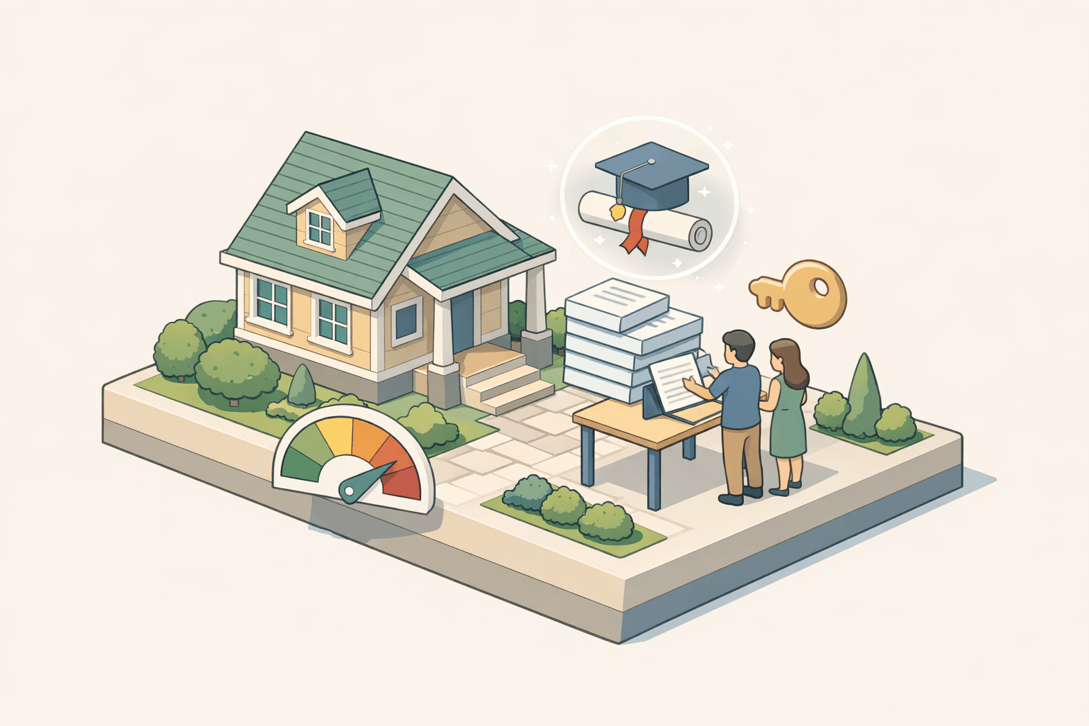 Two people reviewing mortgage documents beside a small house with student loan and credit score icons nearby