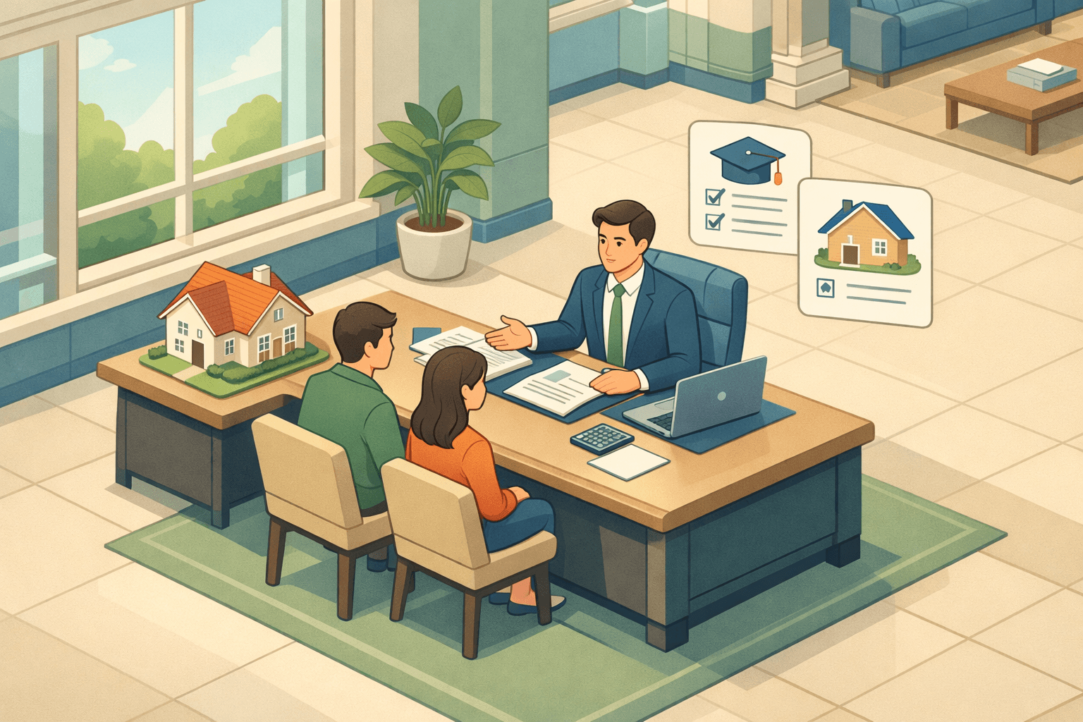 Two people meeting with a loan officer at a bank to review an FHA mortgage application alongside student loan documents