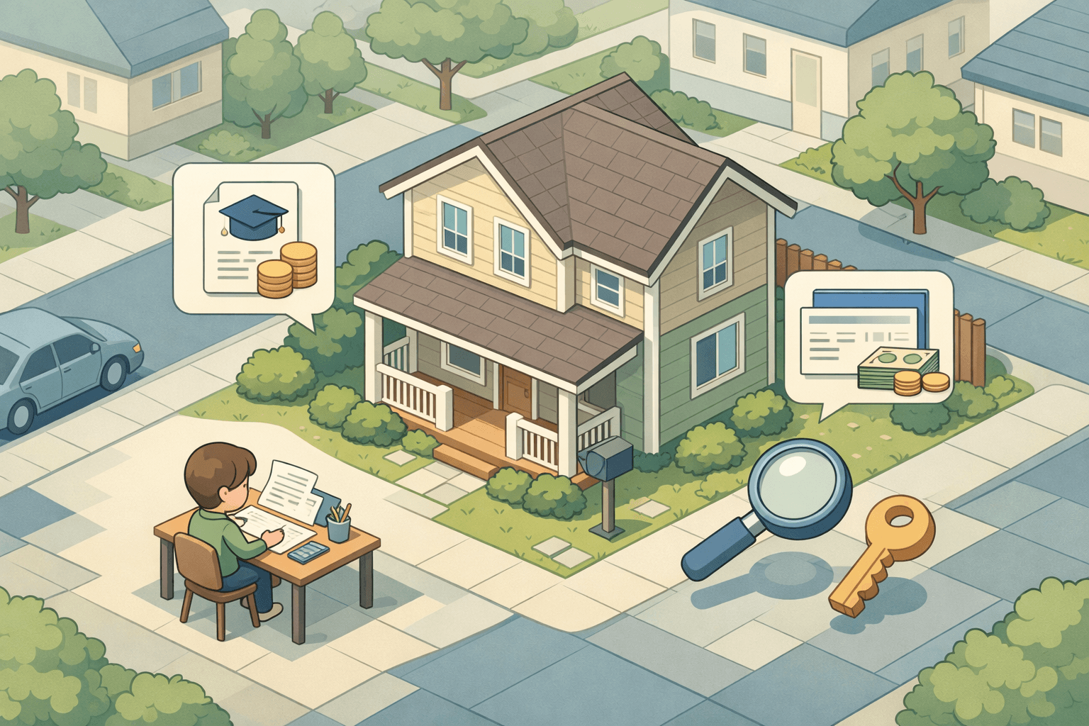 A small home with a co-borrower reviewing FHA loan documents and student loan paperwork at a desk nearby
