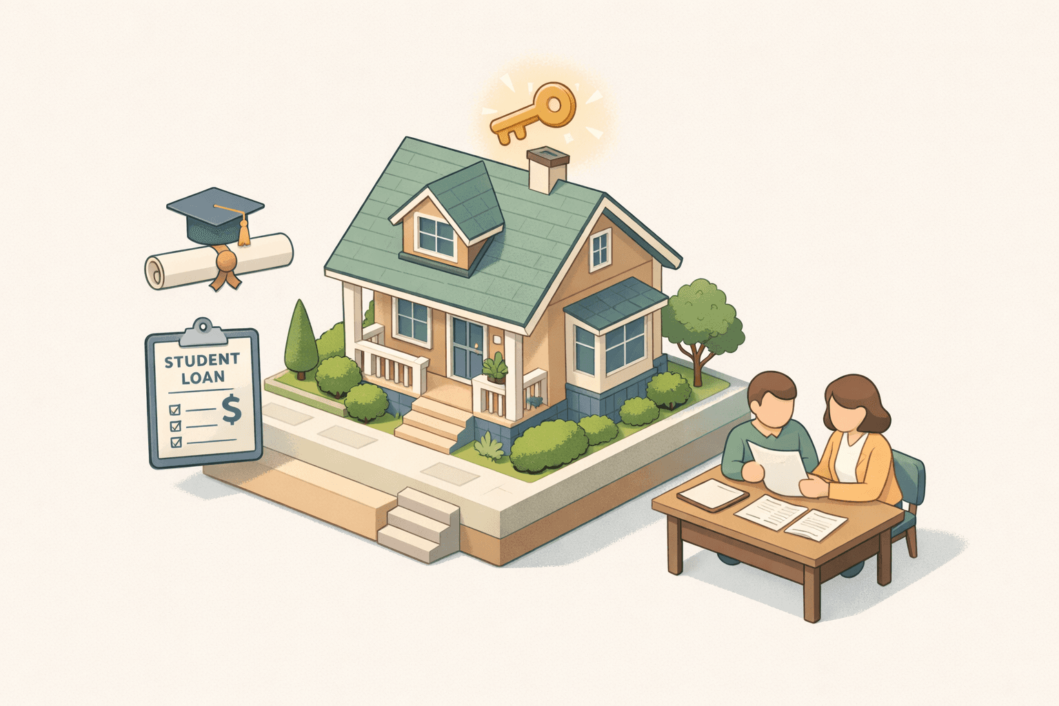 Two people reviewing mortgage documents beside a house with a student loan file and key icon floating nearby