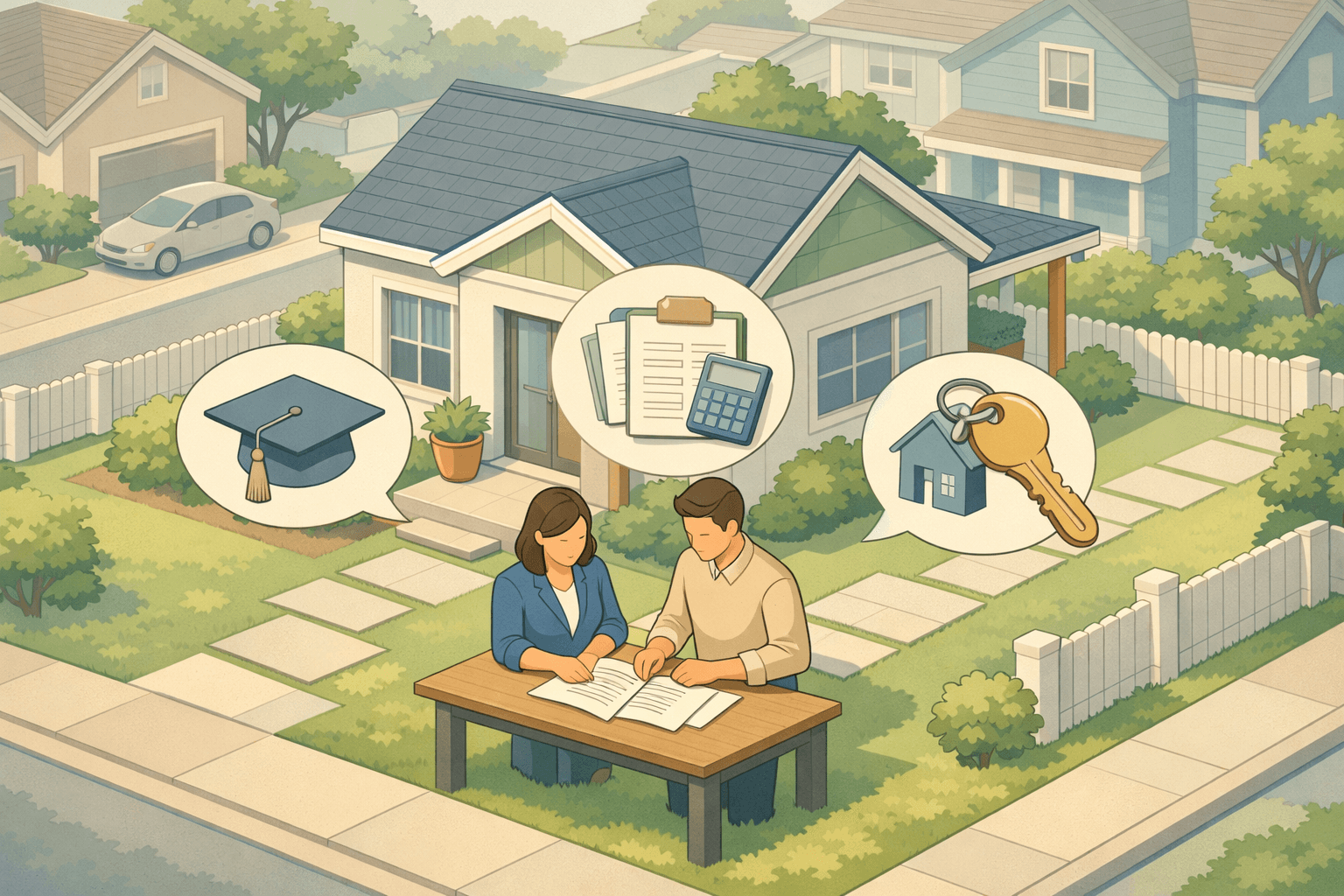 Two homebuyers reviewing FHA loan documents outside a house with student loan and self-employment paperwork nearby