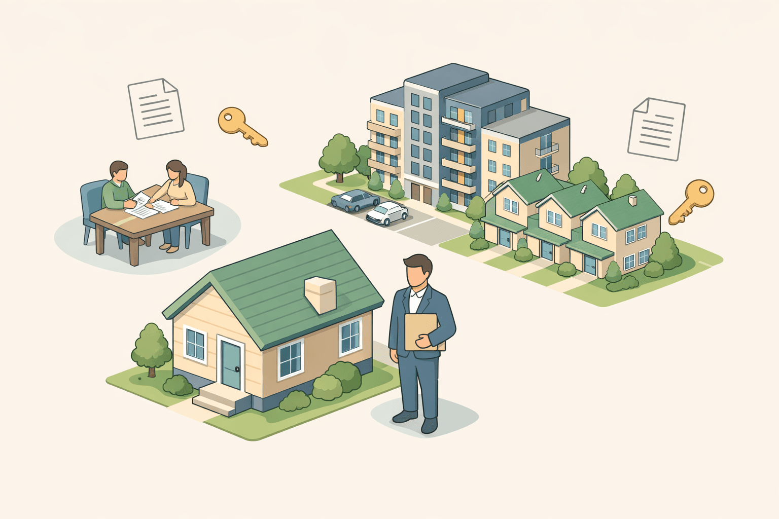 A co-signer reviewing documents beside a small home with multiple rental properties visible in the background