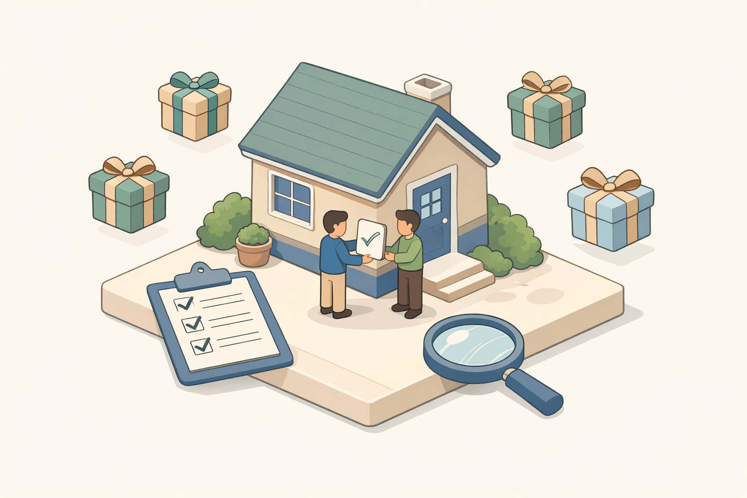 Two people reviewing gift fund documents near a small house with floating icons representing FHA loan requirements