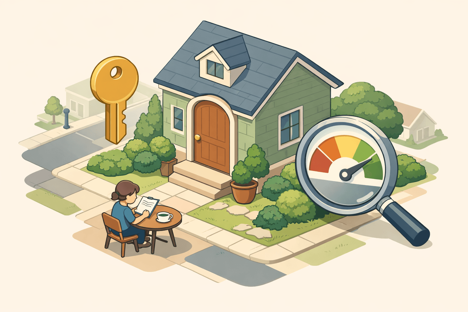 A small house with a key and credit score gauge icon, with a person reviewing loan documents outside