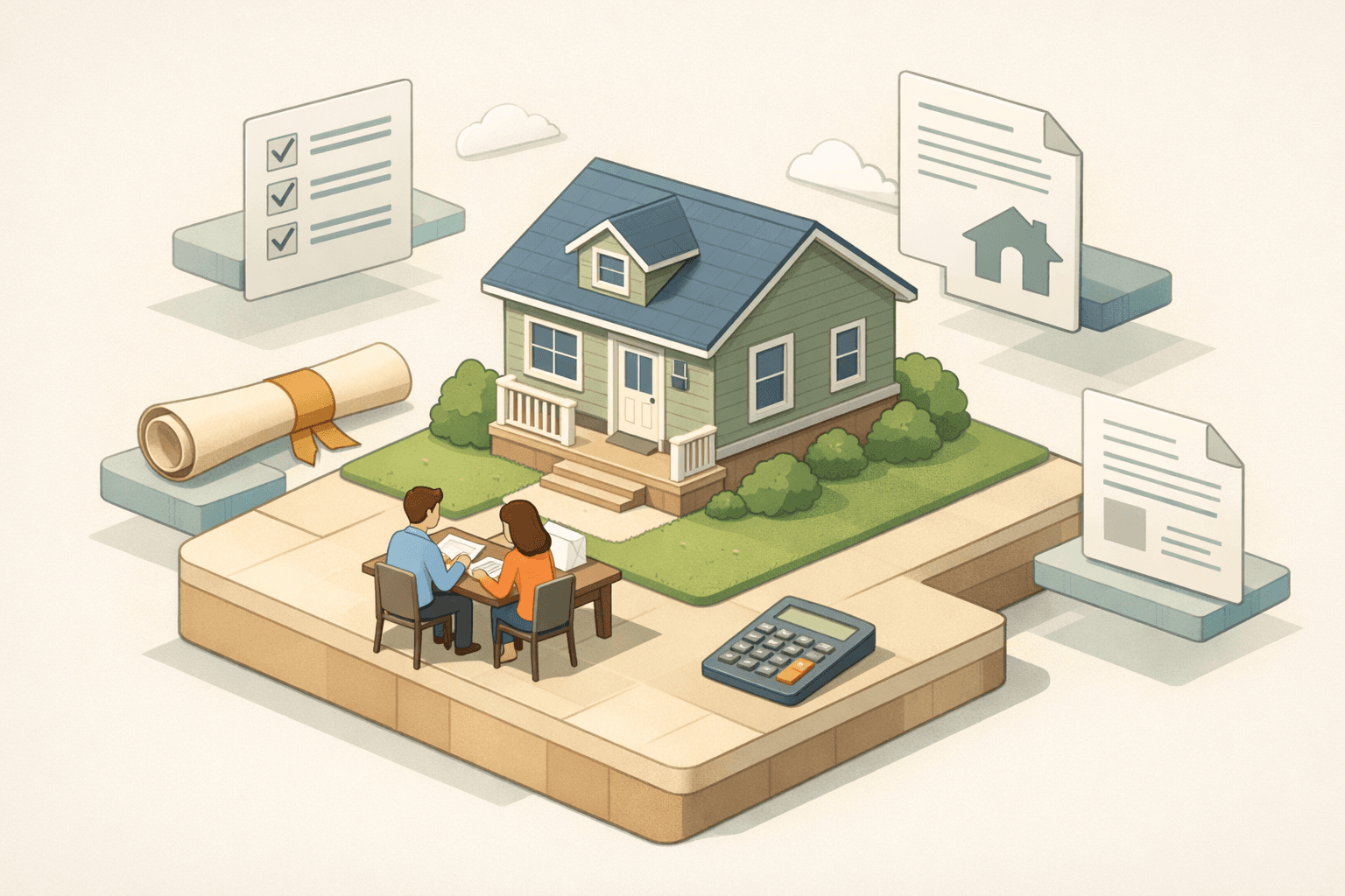Two people reviewing mortgage documents outside a small house with floating diploma and calculator icons nearby