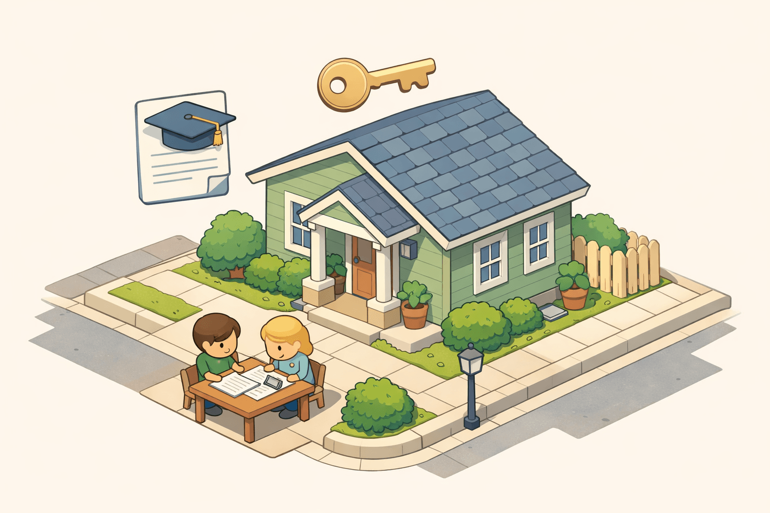 Two people reviewing FHA loan documents outside a small home with a graduation cap icon and key floating nearby