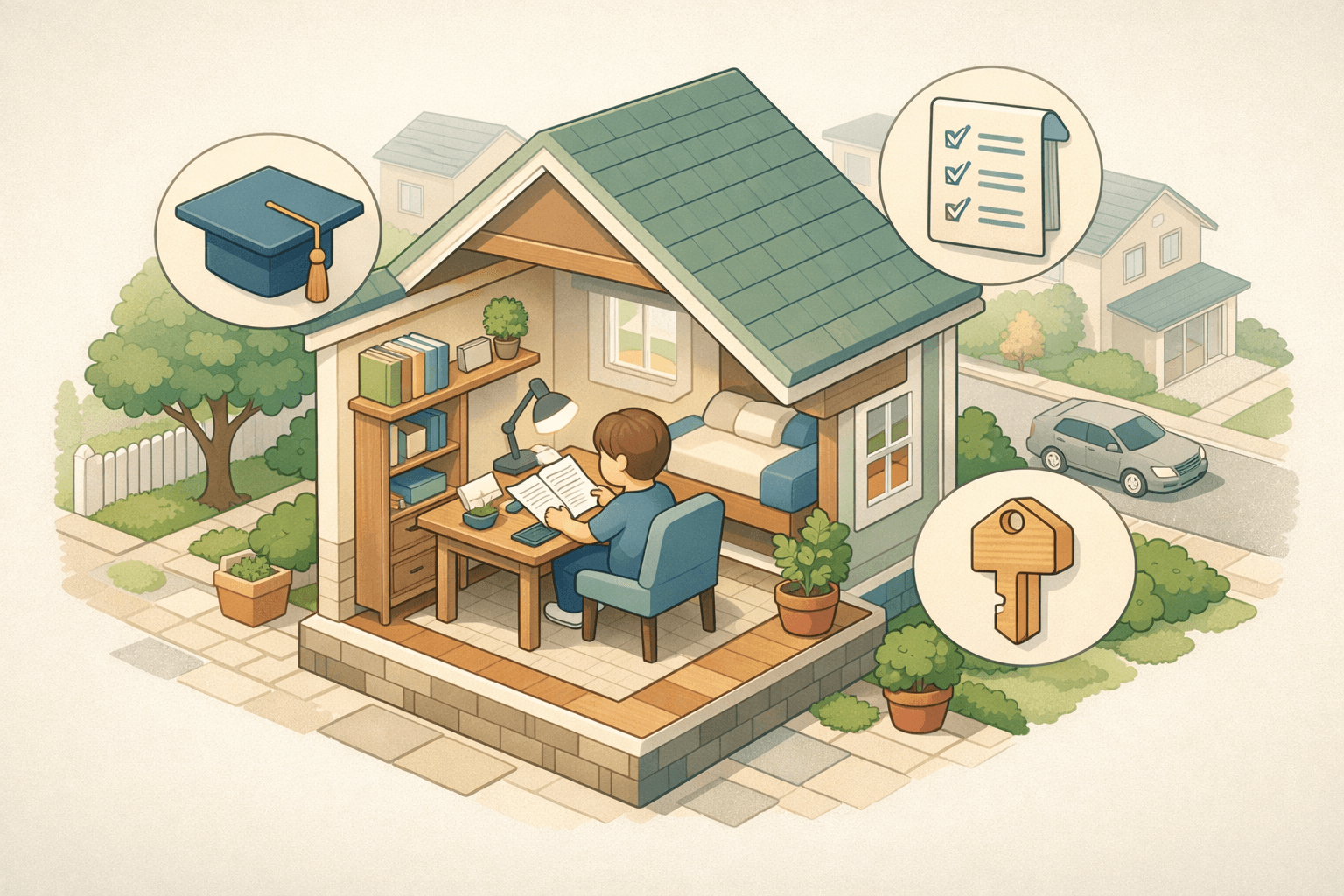A person reviews mortgage and student loan documents at a desk inside a home, with a graduation cap and key nearby.
