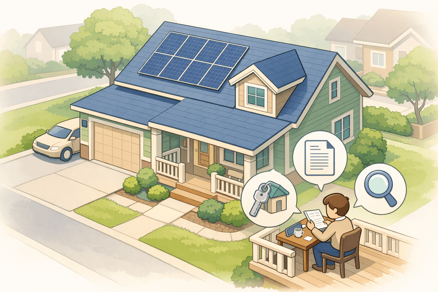 Isometric illustration of a home with solar panels on the roof and a homeowner reviewing HELOC documents nearby