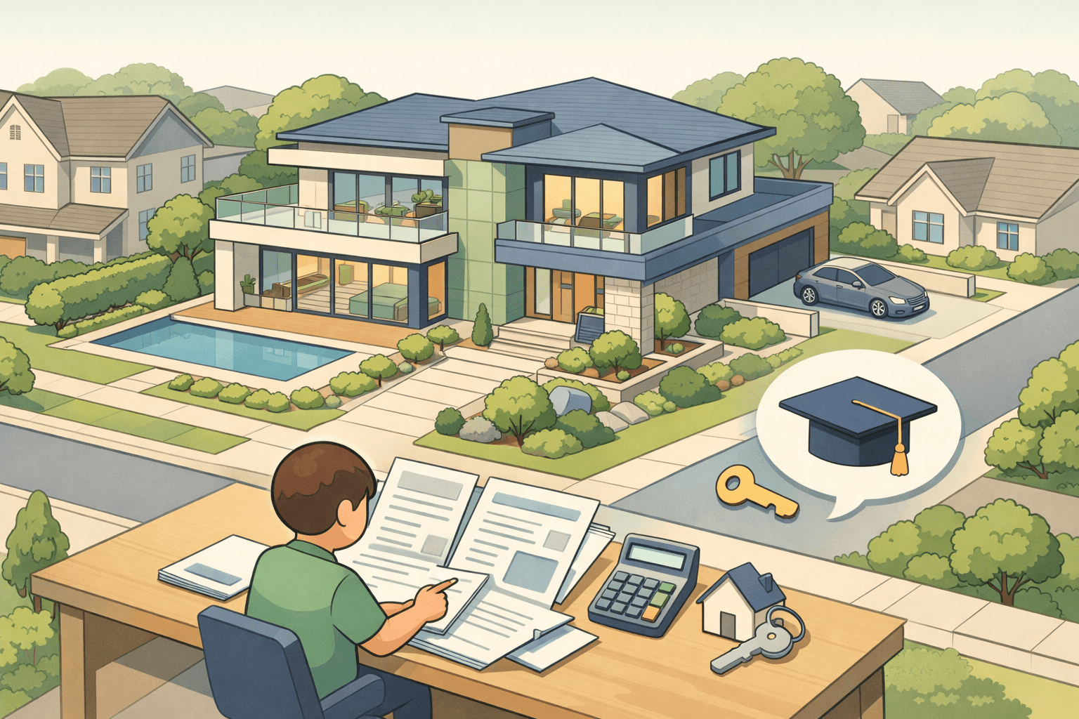 A large luxury home with a small figure reviewing loan documents and icons representing student loans and mortgage approval