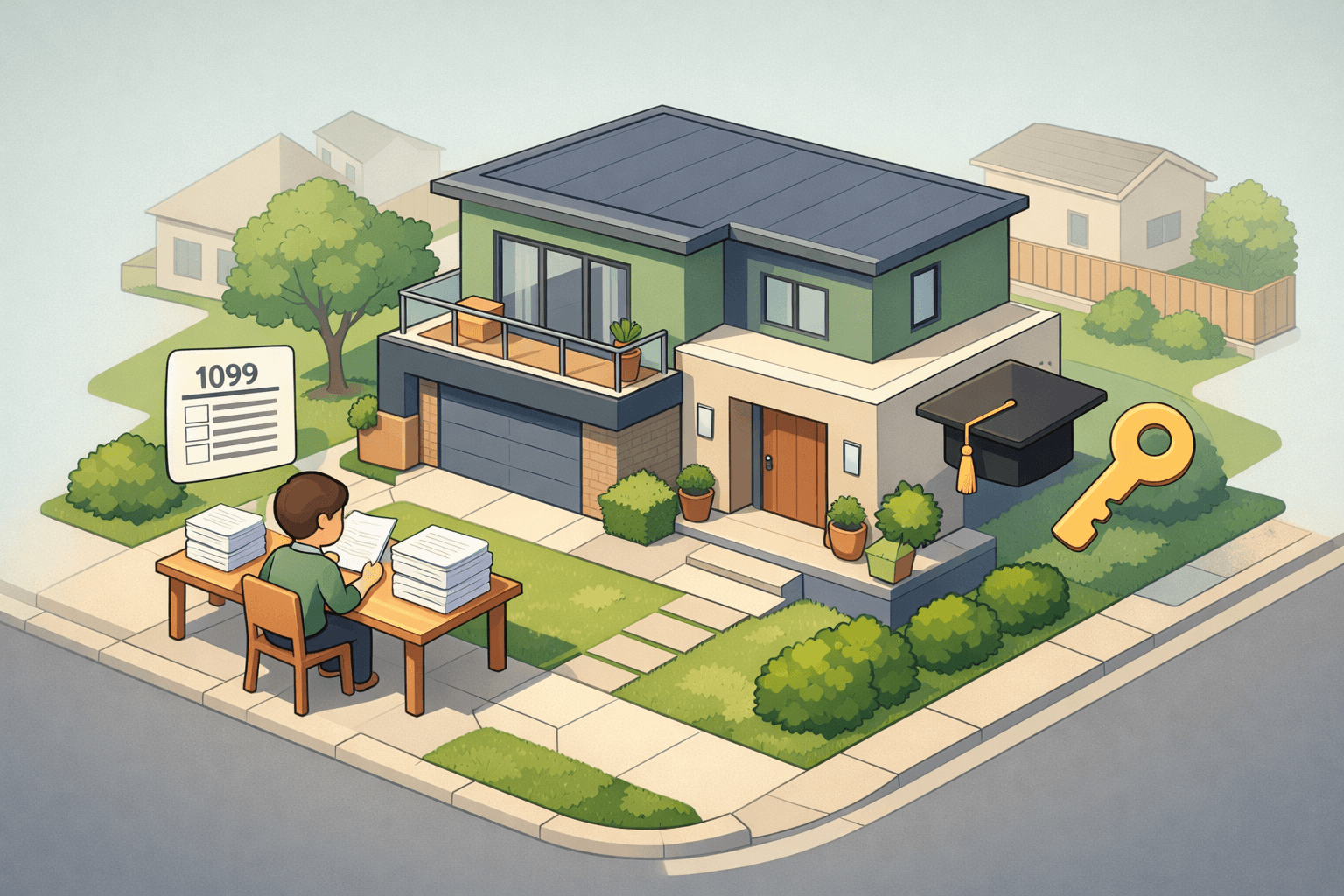 A modern two-story home with document and key icons floating nearby, representing a jumbo mortgage application with 1099 income and student loans.