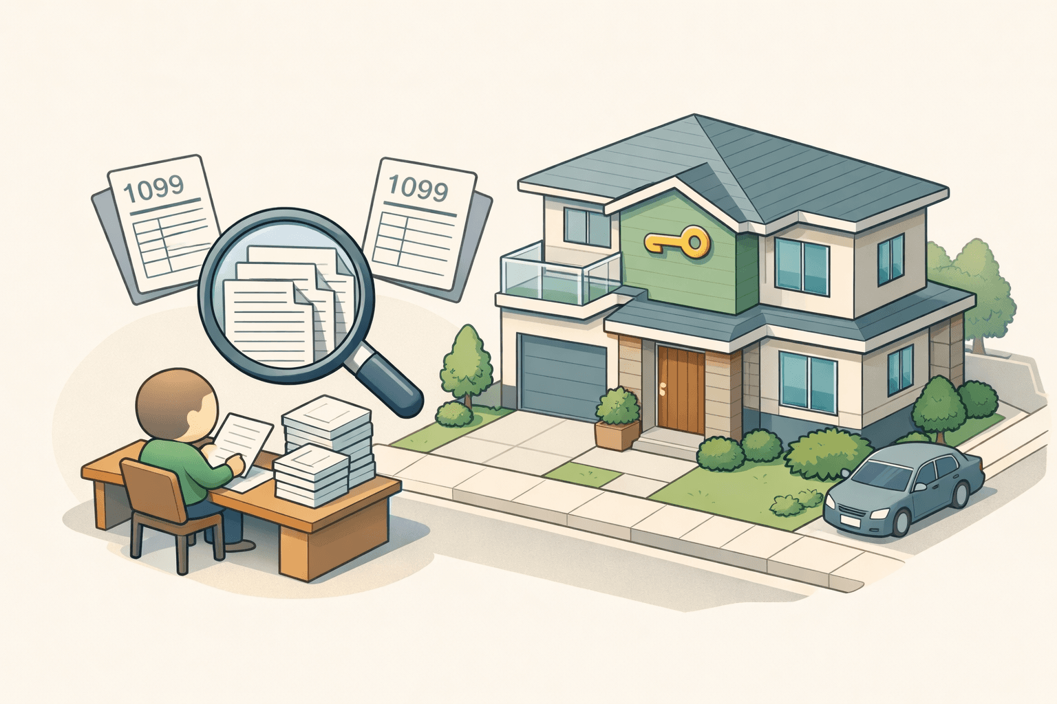 A modern home with a freelancer reviewing 1099 documents at a desk, symbolizing a jumbo loan application process