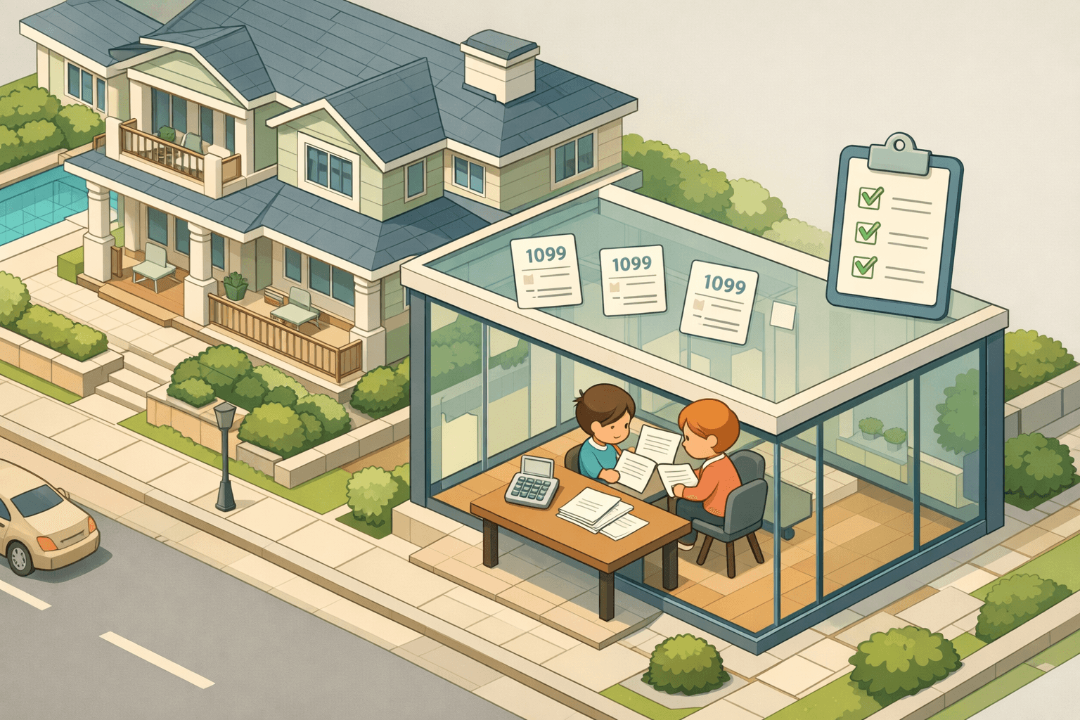 Two freelancers reviewing jumbo loan documents at a desk inside a modern home office with financial icons nearby