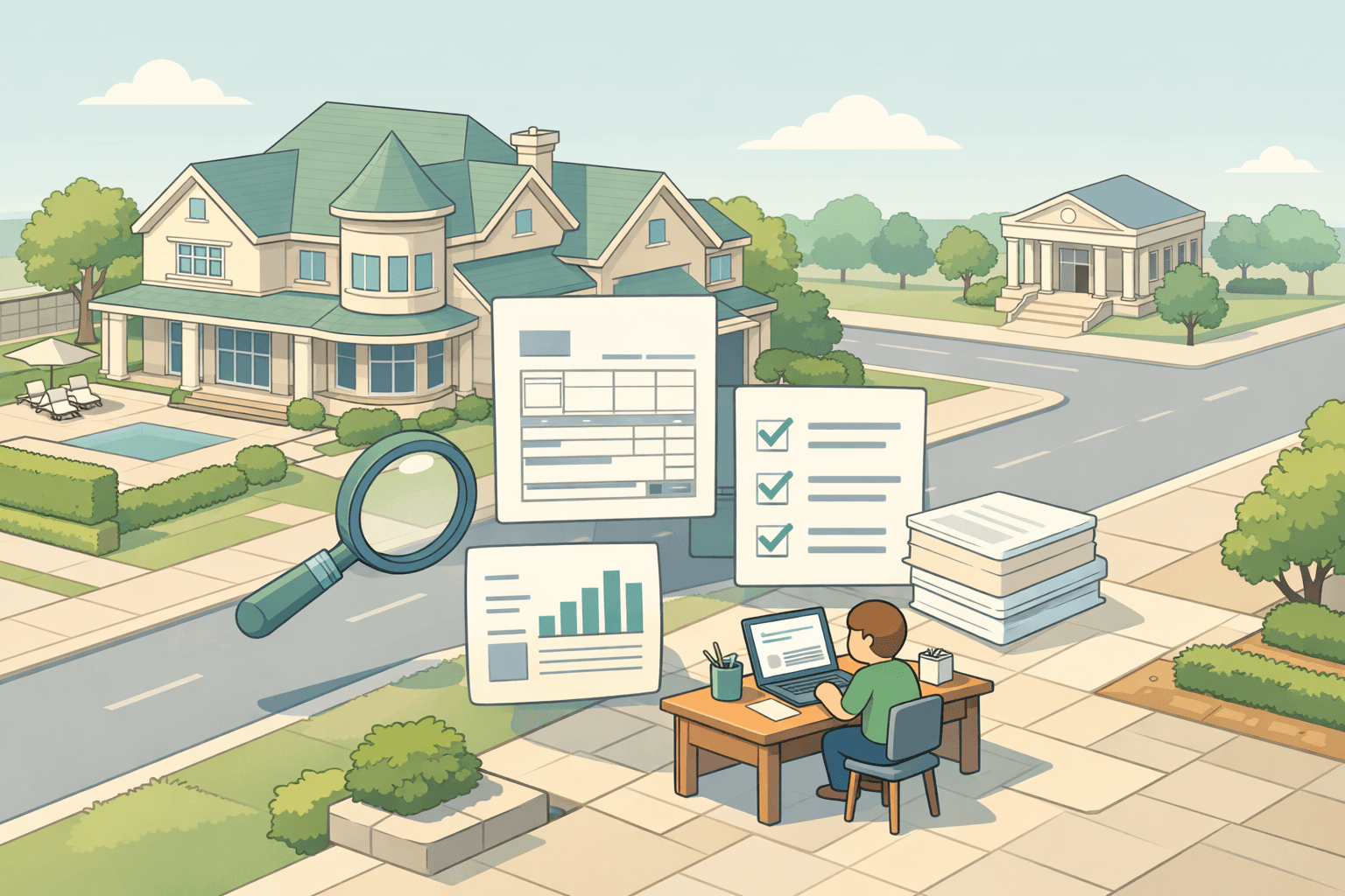 A freelancer reviewing mortgage documents outside a large luxury home with a bank building in the background
