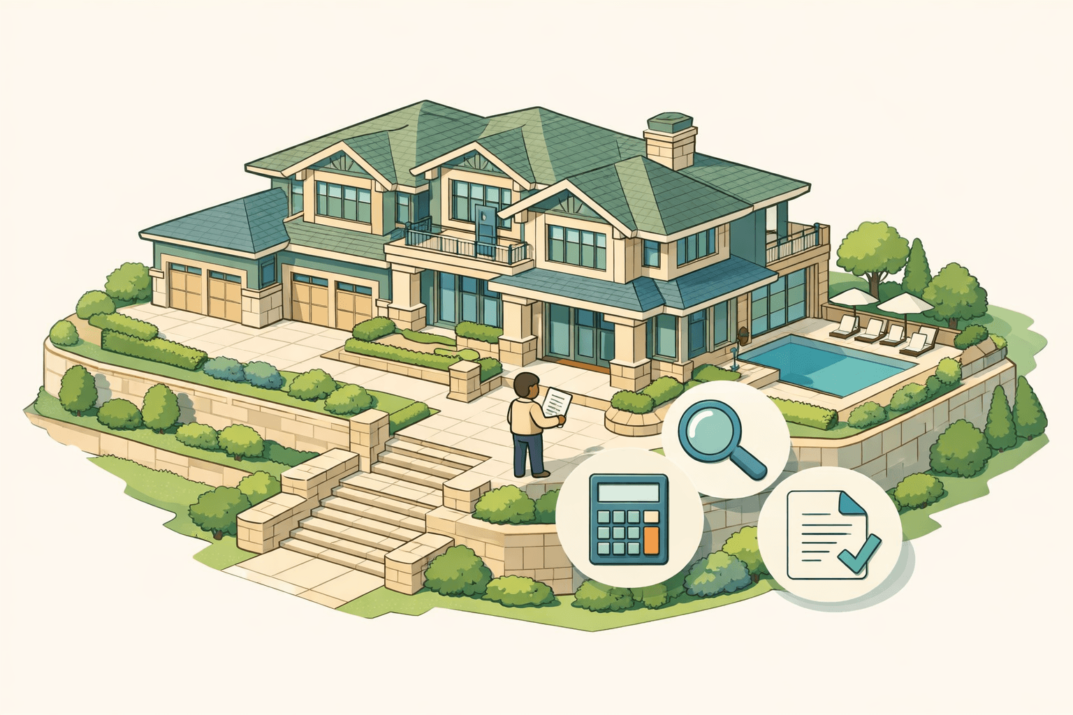 Stylized isometric luxury home with a figure reviewing income documents and floating calculator icons representing jumbo loan qualification