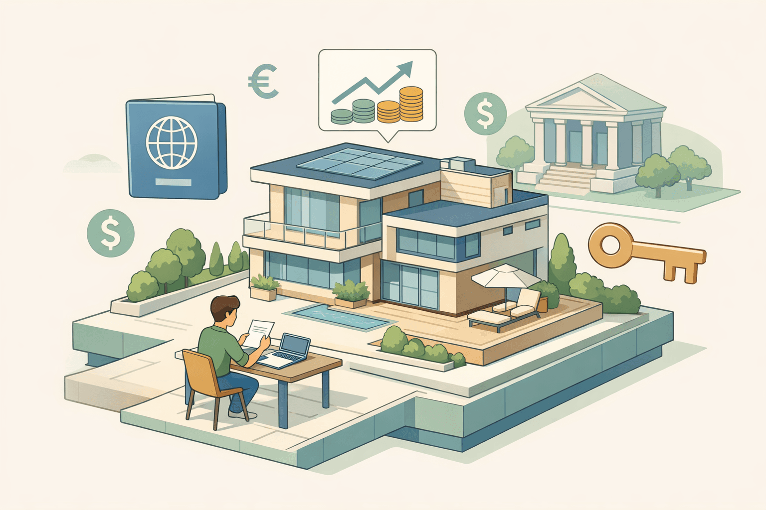 A person reviews mortgage documents outside a large modern home with a bank building and floating icons nearby.