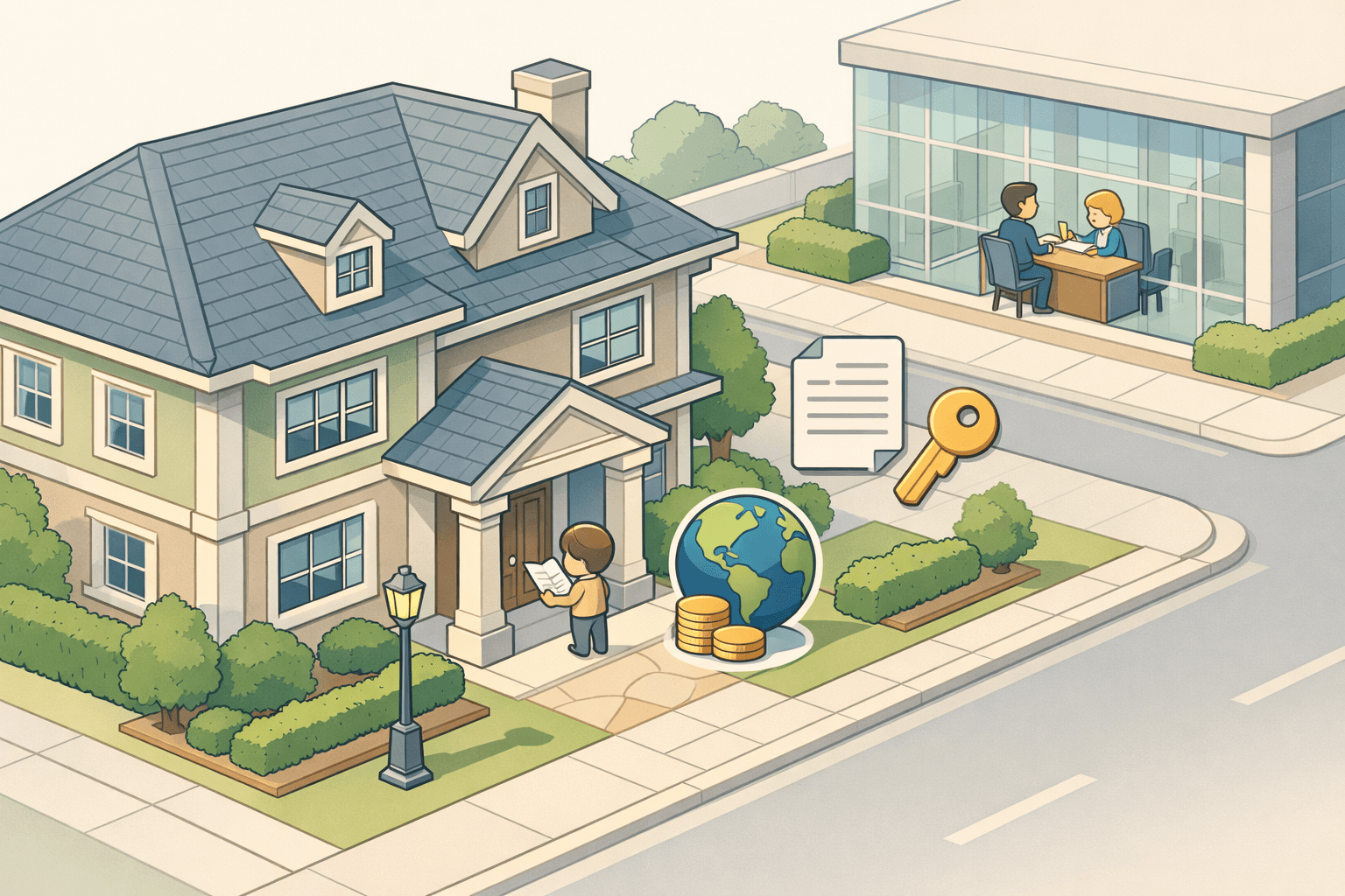Isometric scene of a large home with figures reviewing documents and a bank building in the background representing jumbo loan financing.