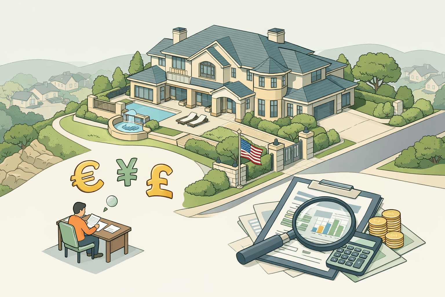 Isometric scene of a luxury US home with a small figure reviewing foreign financial documents and currency icons nearby