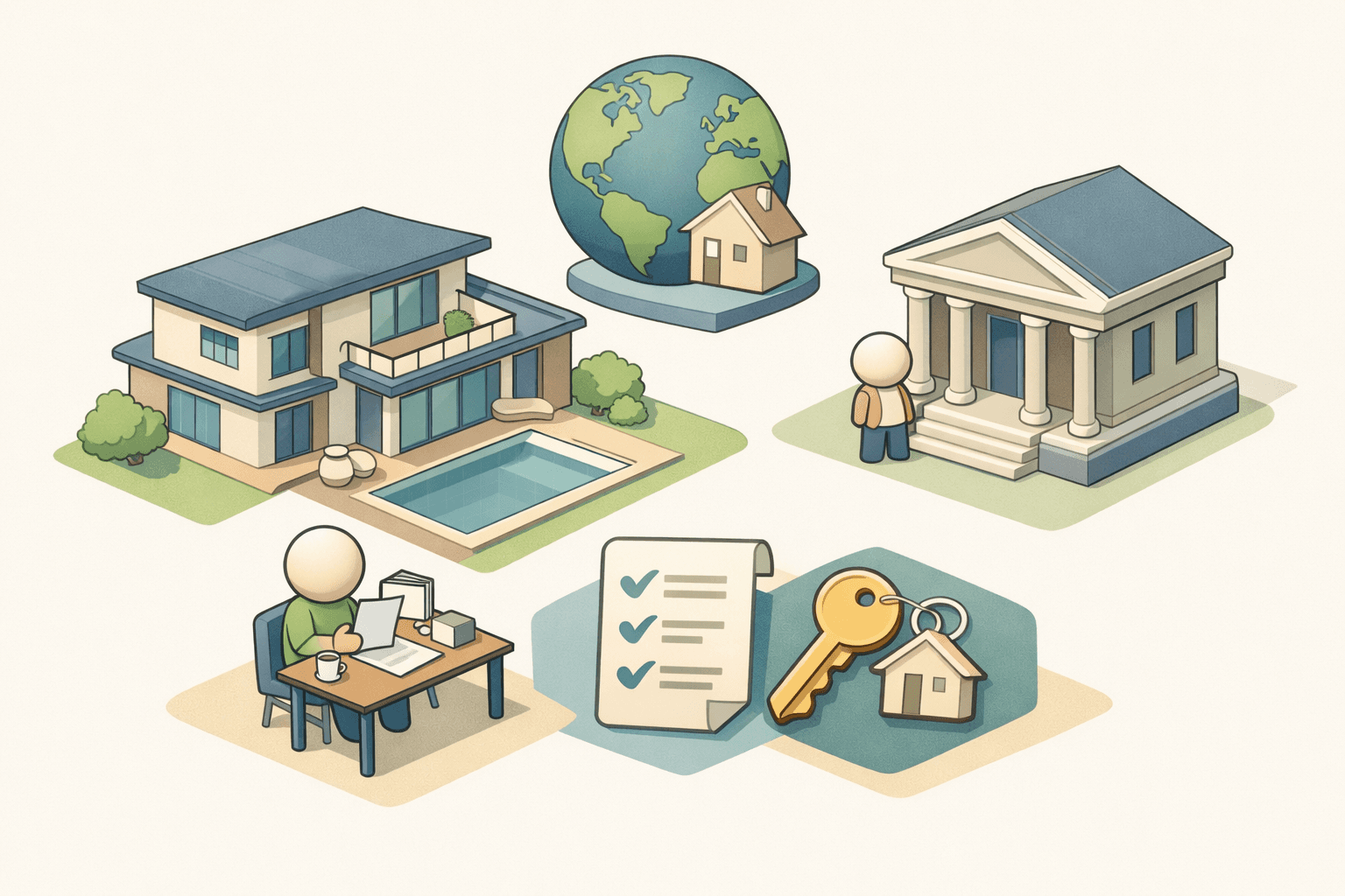A stylized isometric scene of a large home with a figure reviewing documents and a globe icon representing foreign rental income qualification.
