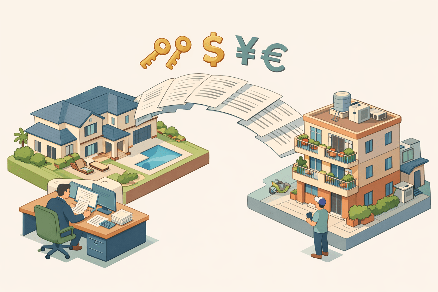 A luxury home and an overseas rental property connected by documents, representing a jumbo loan with foreign income and a US co-signer.