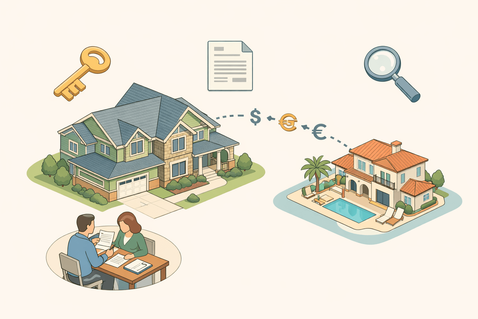 Isometric scene of a US home and a foreign rental property connected by financial document icons and a small desk with reviewers