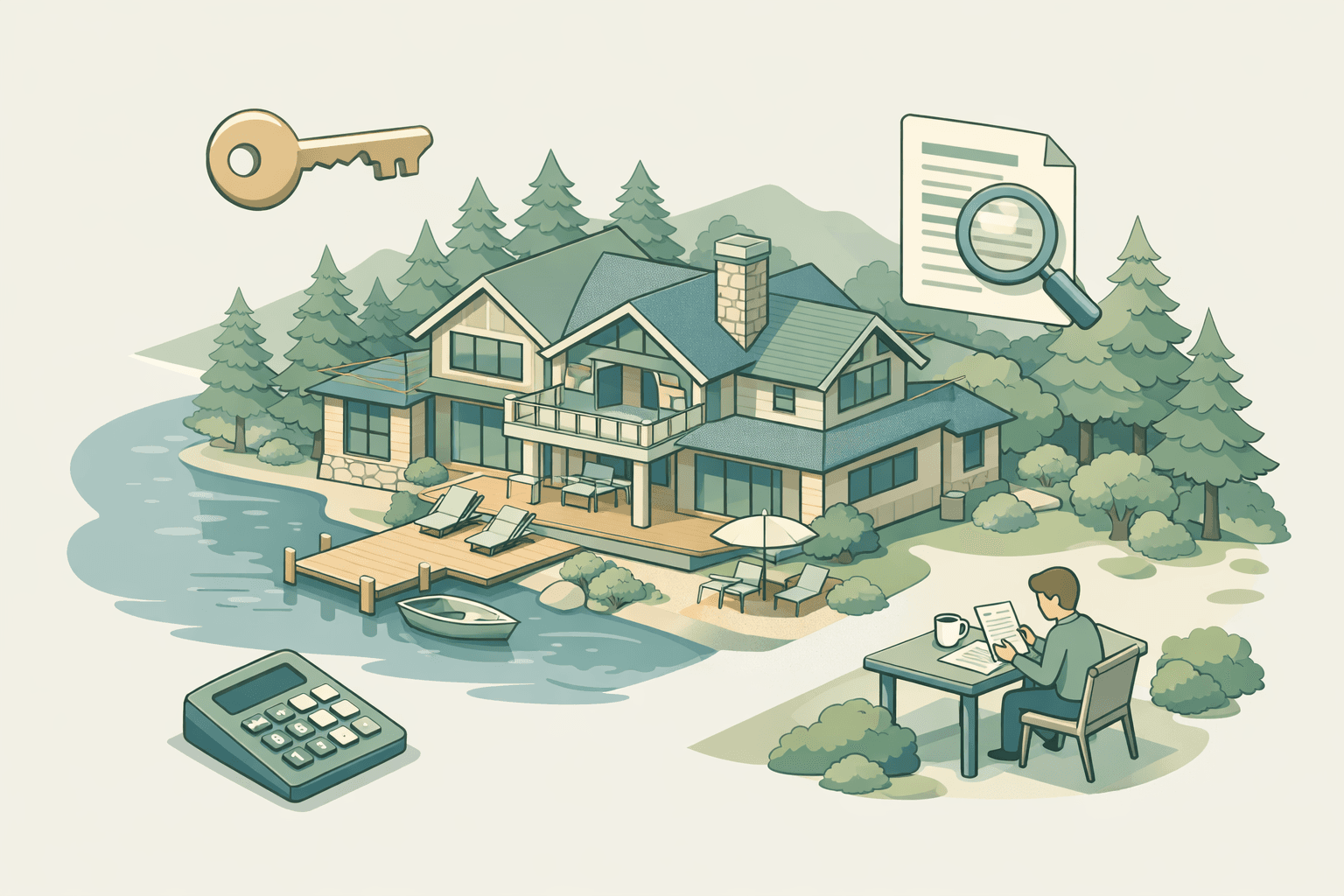 A large vacation rental home beside a lake with a small dock surrounded by pine trees and financial document icons nearby
