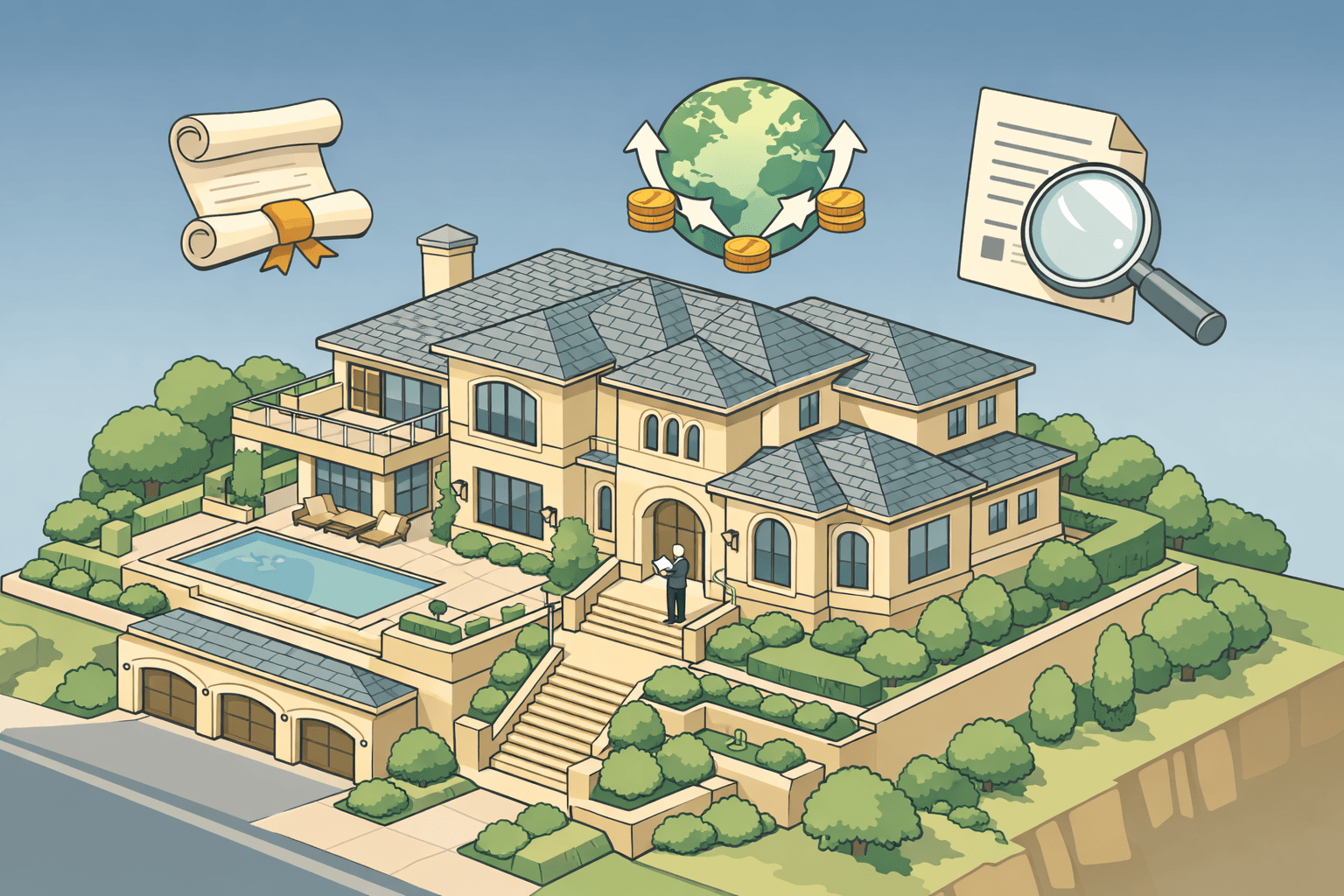 A luxury home with a document and globe icon representing jumbo loan qualification with inheritance and foreign income
