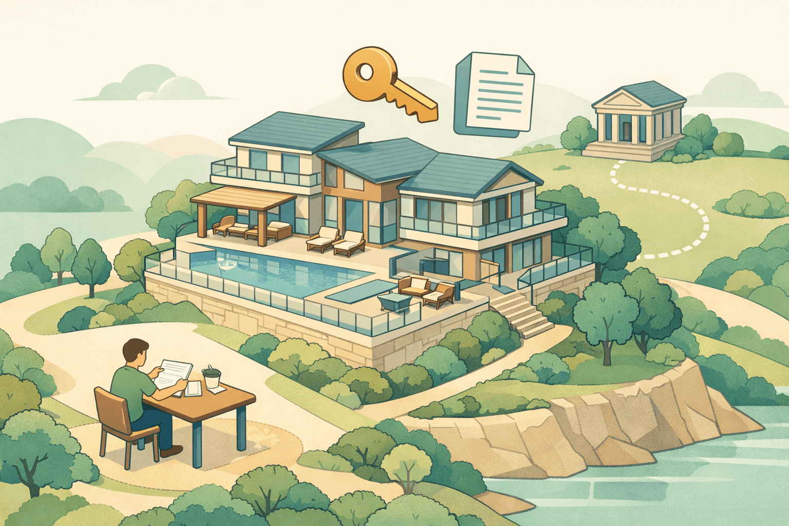 A luxury vacation home on a hill with a person reviewing mortgage documents and a key icon floating nearby