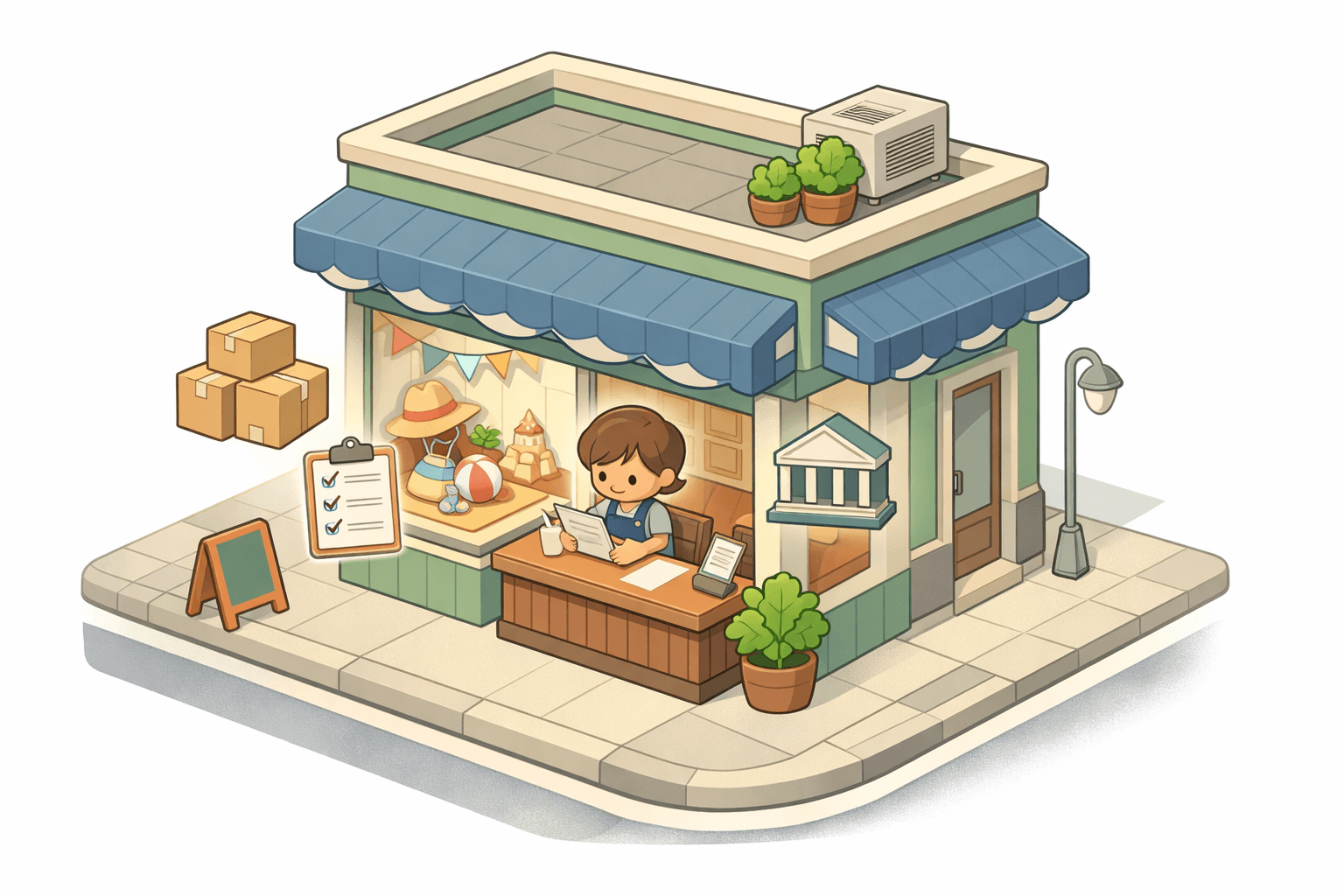 Small retail storefront with inventory boxes and a business owner reviewing loan documents at a counter