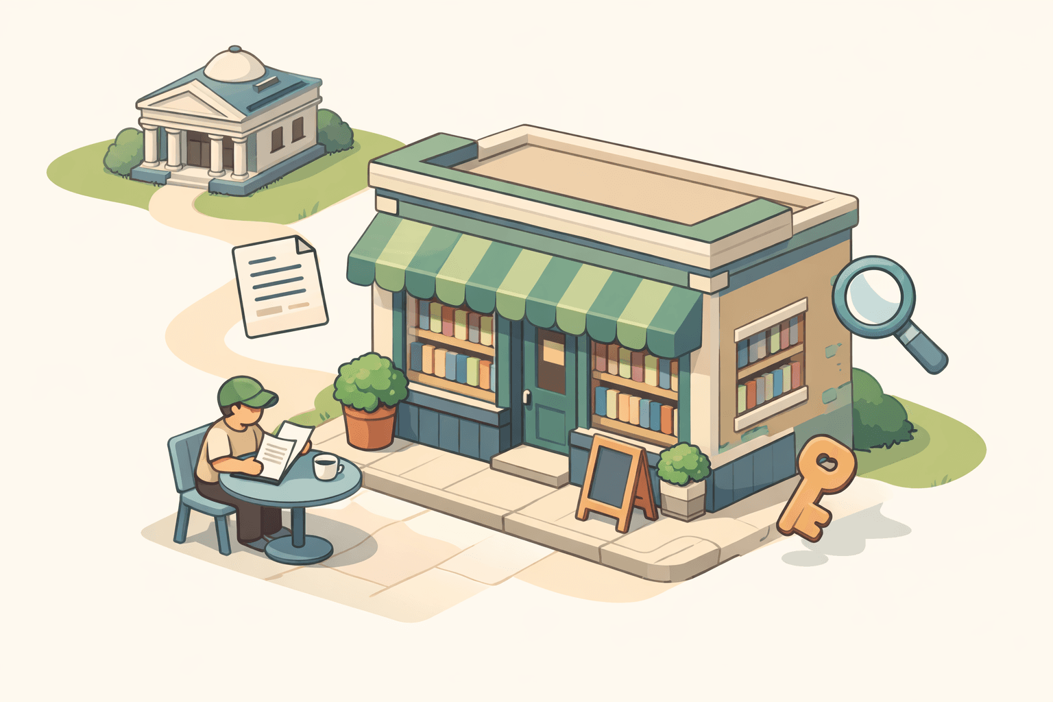 Isometric scene of a niche bookstore storefront with a small figure reviewing loan documents outside and floating document icons nearby