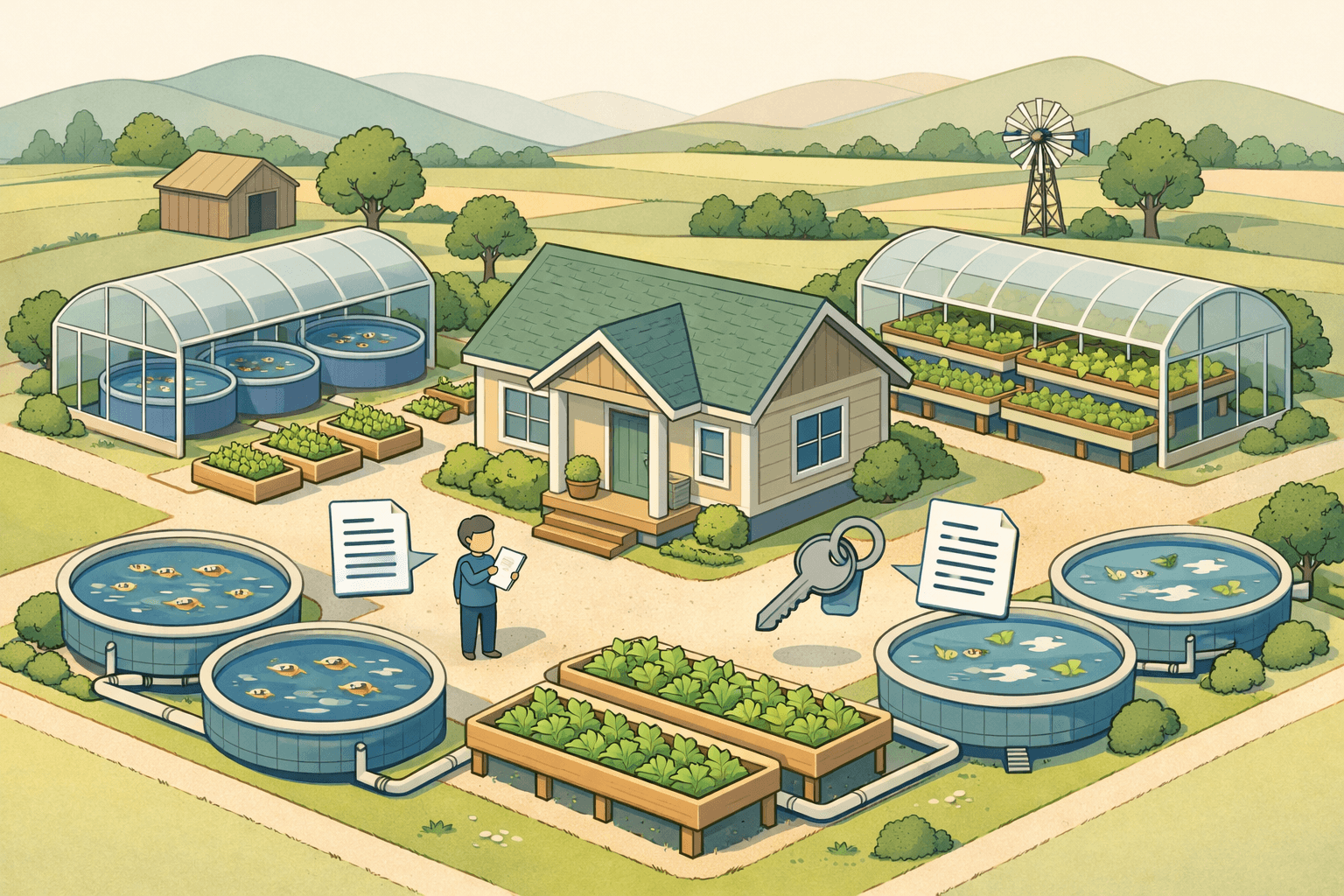 Rural home surrounded by aquaponics greenhouse structures and grow beds on a pastoral farming property