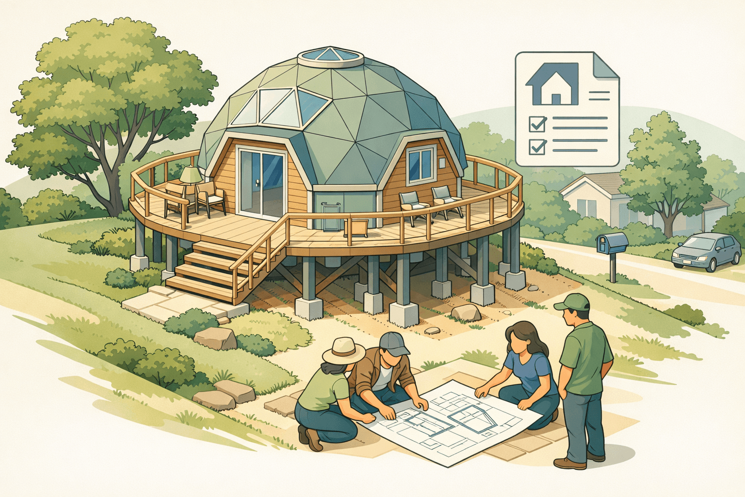 A geodesic dome home with a non-traditional foundation shown in a residential setting with blueprints and document icons nearby