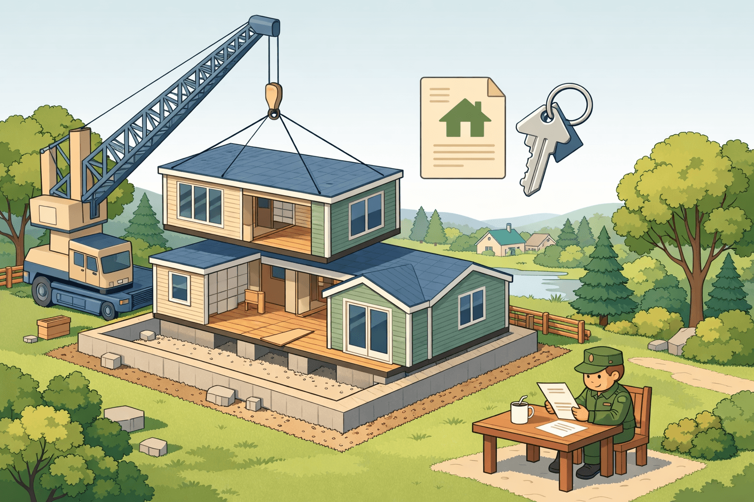 A modular home on a permanent foundation surrounded by land, with a veteran reviewing financing documents nearby.