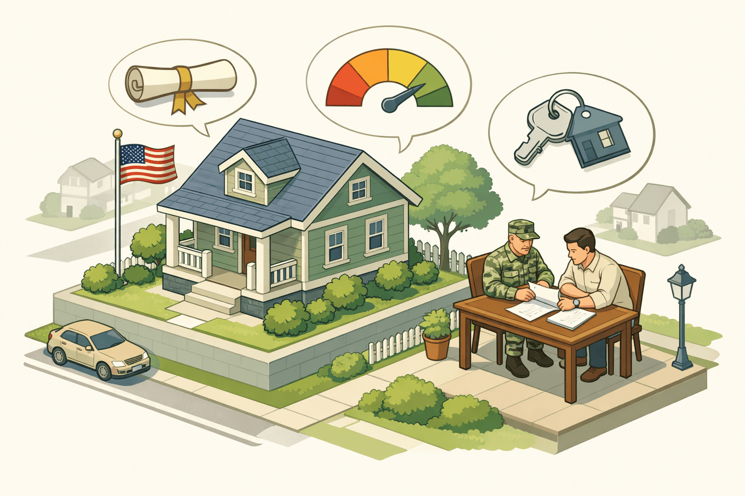 A veteran and co-borrower reviewing VA loan documents beside a house with student loan and credit score icons nearby
