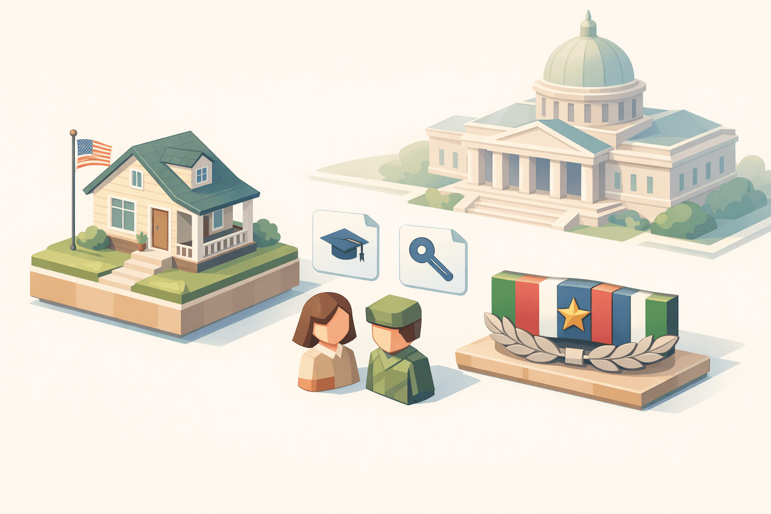 A veteran and co-borrower reviewing mortgage documents near a house with student loan and key icons floating nearby
