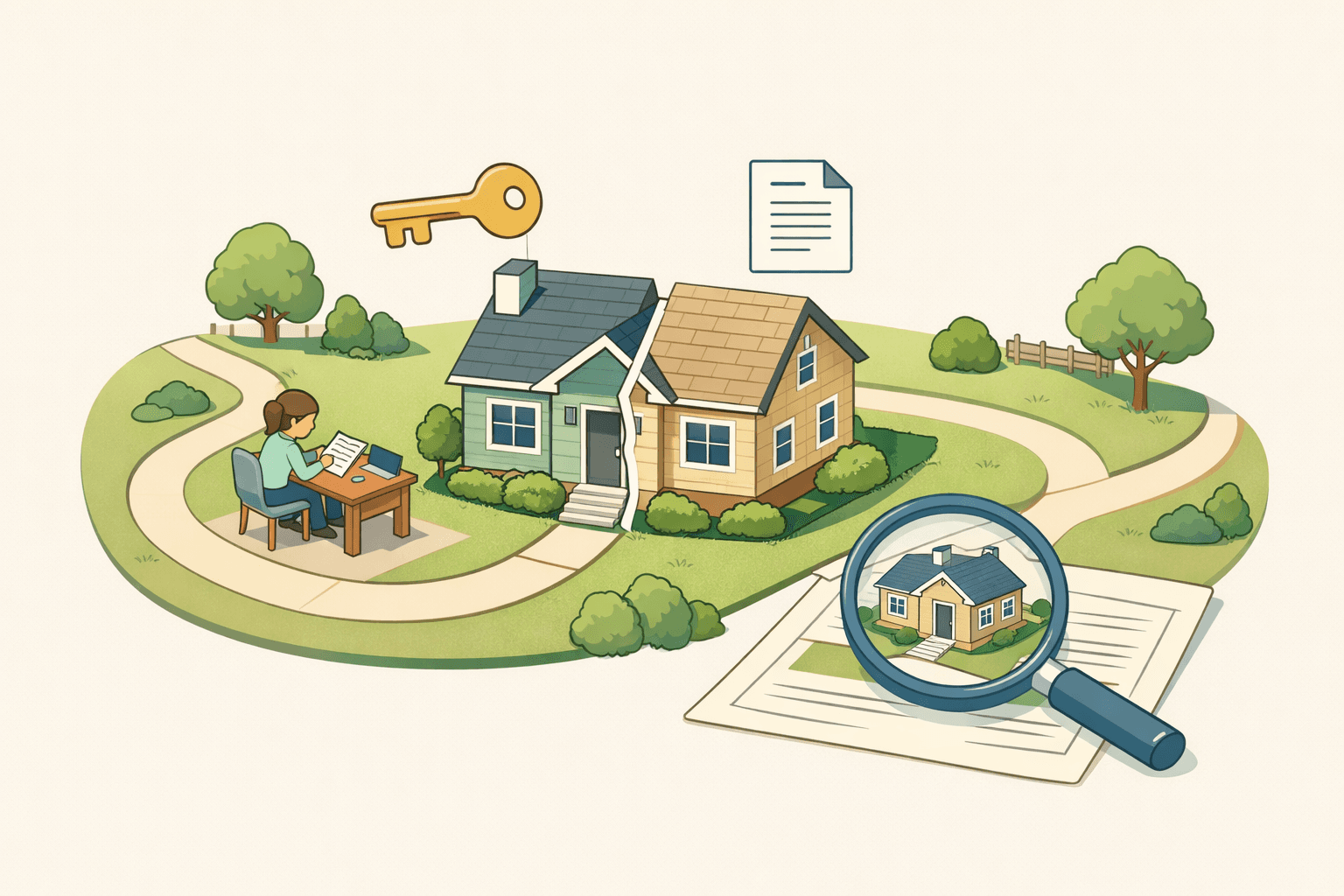 A split house with two pathways and a person reviewing mortgage documents beside a floating key and title deed icon.