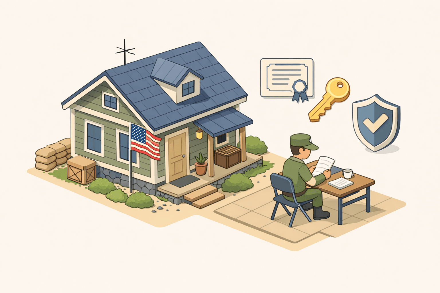 A veteran reviewing home loan documents at a desk near a house with a certificate and key icons floating nearby