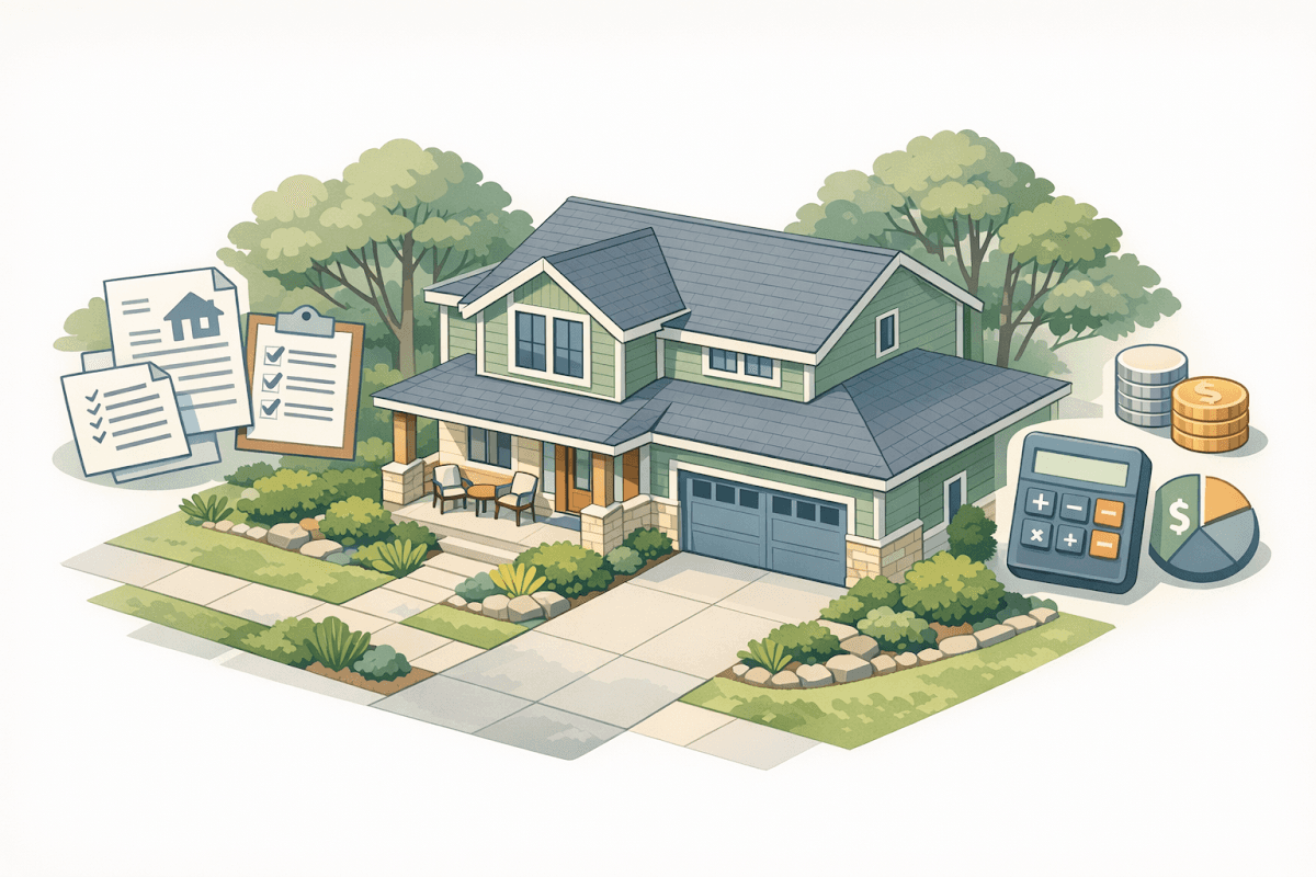 Modern suburban house with architectural details representing reverse mortgage property requirements and financial planning