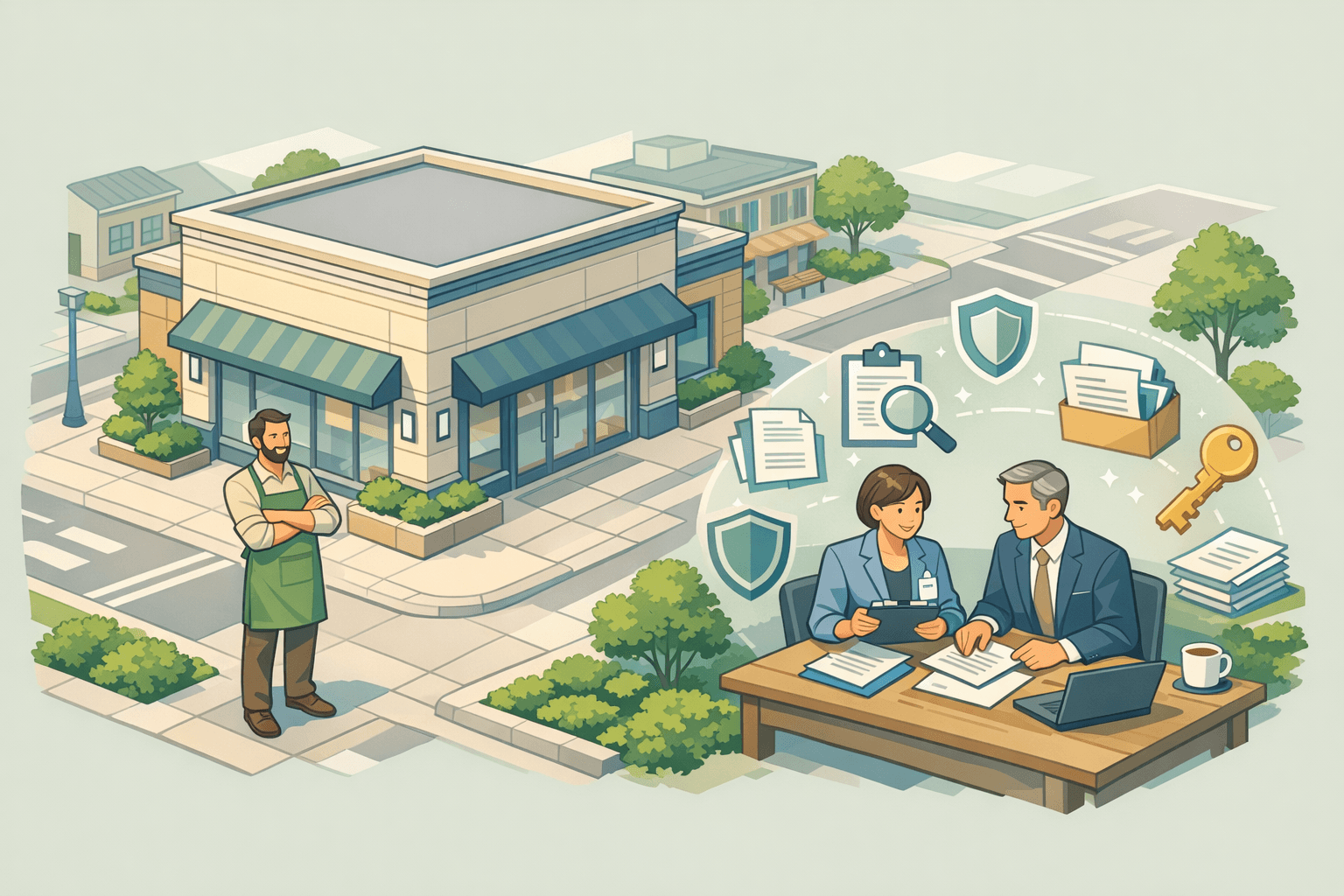 Small business owner reviewing commercial real estate documents with lenders near a modern storefront building