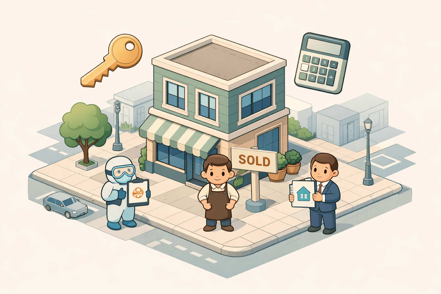 Small business owner outside a newly purchased commercial building with a banker and document icons nearby