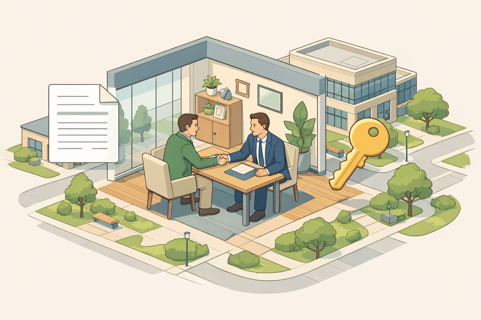 Small business owner and lender reviewing documents inside a commercial building with a key and paperwork nearby