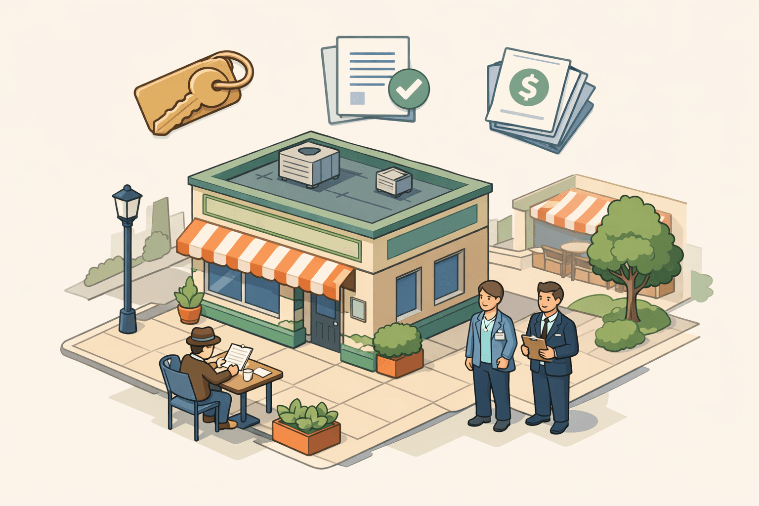 Small business owner reviewing SBA 504 loan documents outside a commercial building with lender representatives nearby
