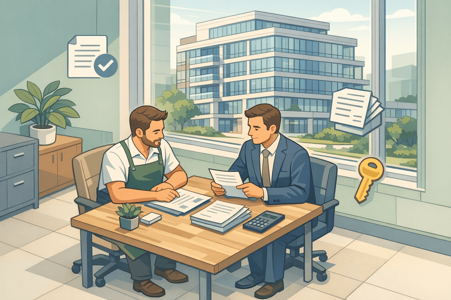 Small business owner and lender reviewing SBA 504 loan documents inside a modern commercial office building