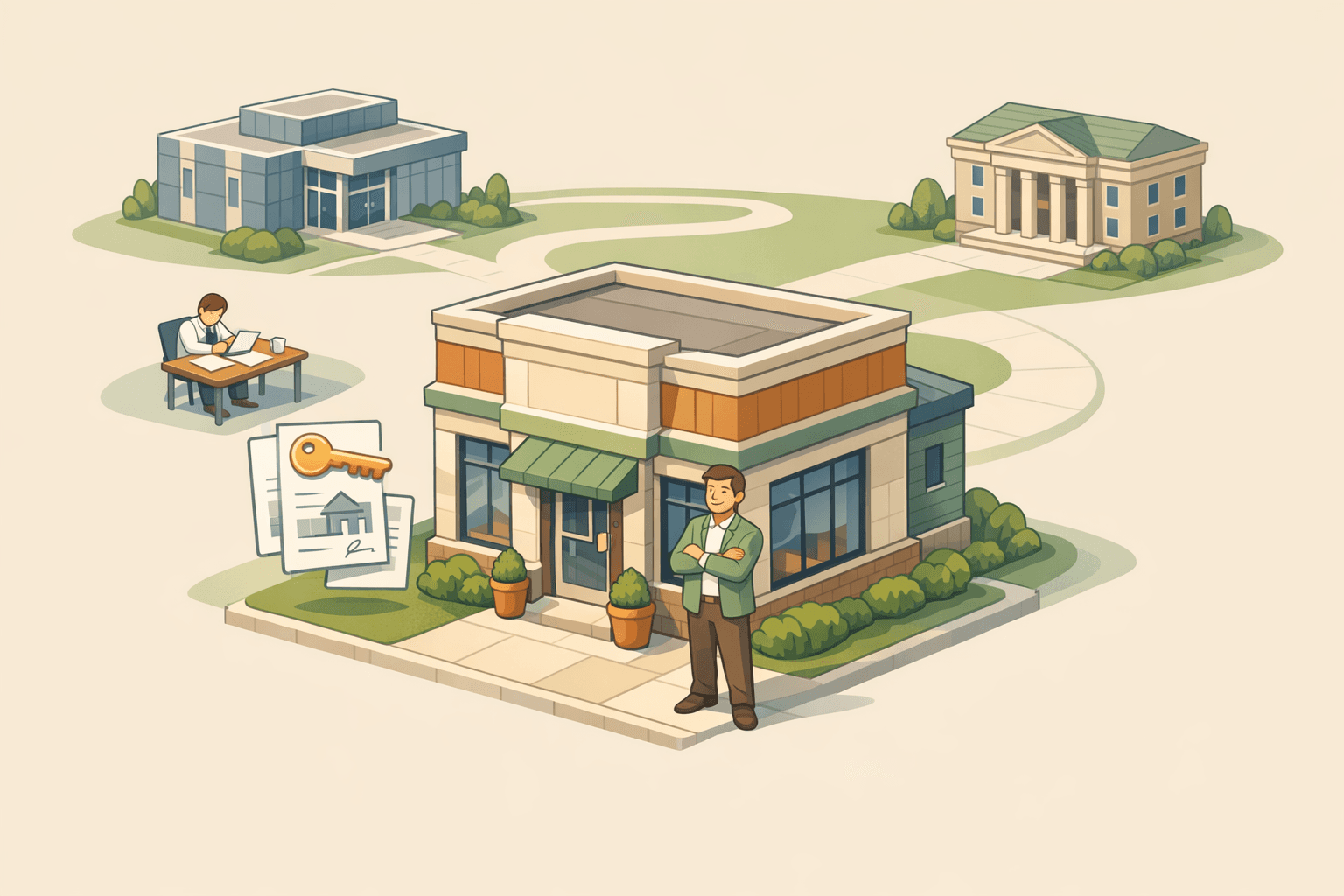 Small business owner standing in front of a commercial building financed through an SBA 504 loan program