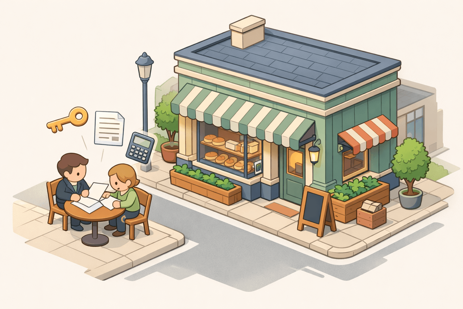 Isometric illustration of a small local bakery storefront with figures reviewing financing documents outside