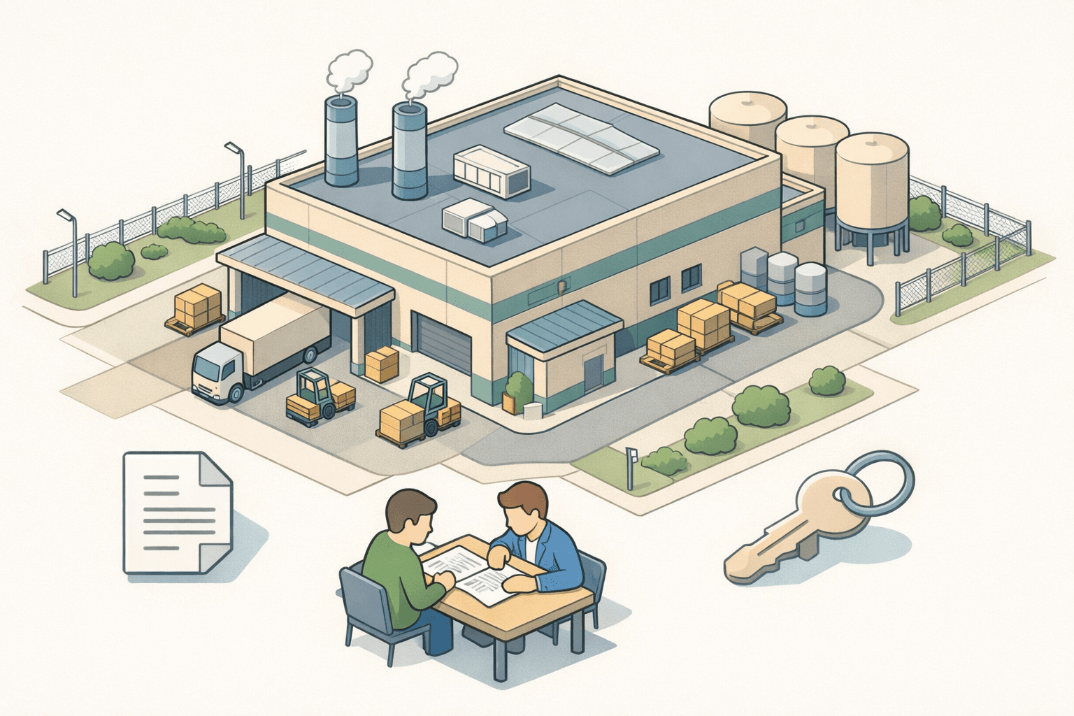 Small manufacturing plant exterior with loading dock and industrial building in a clean isometric style